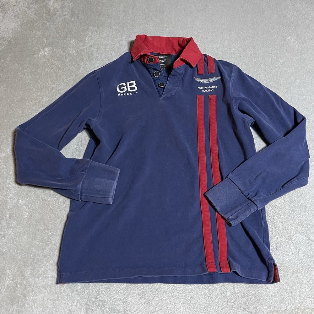 Hacket London Aston Martin Polo Shirt Mens Medium Blue Red Long Sleeve Racing‎